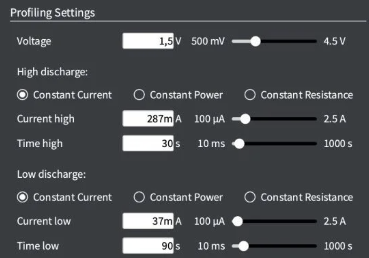 parametros de perfil del Otii Battery Toolbox