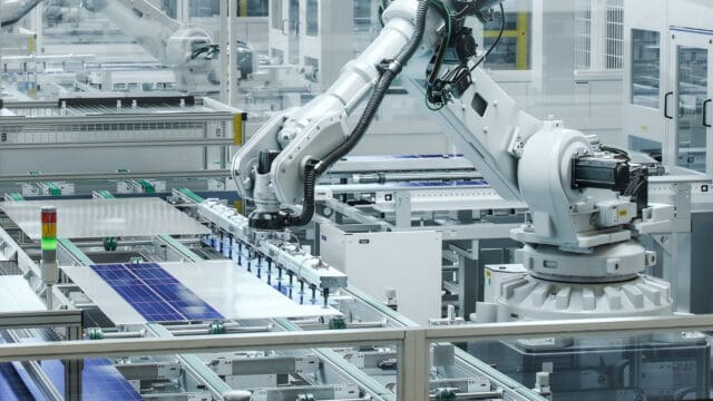Automated Manufacturing Facility. White Industrial Robot Arm at