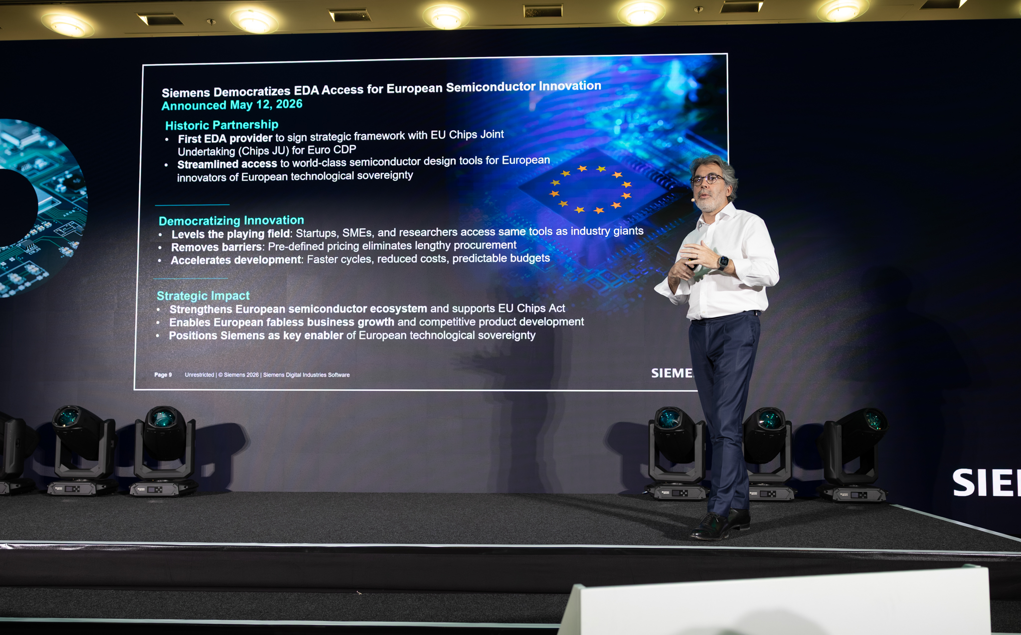 Jean-Marie Saint-Paul, vicepresidente senior de EDA Global Sales en Siemens EDA, muestra cómo Siemens EDA apoya a las startups en Europa.
