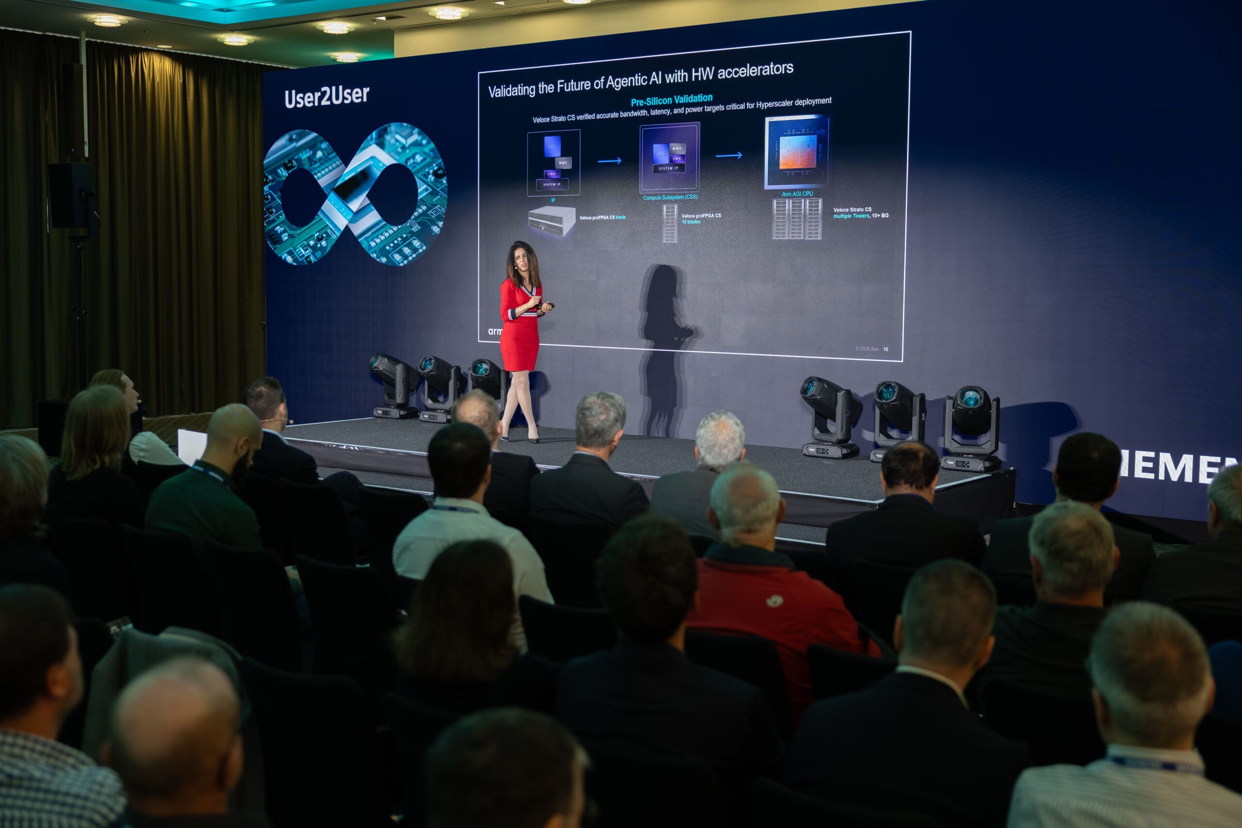 Karima Dridi, vicepresidenta de Productivity Engineering en Arm, utilizó su ponencia de apertura para mostrar cómo Siemens EDA ha contribuido al desarrollo de la CPU ARM AGI.