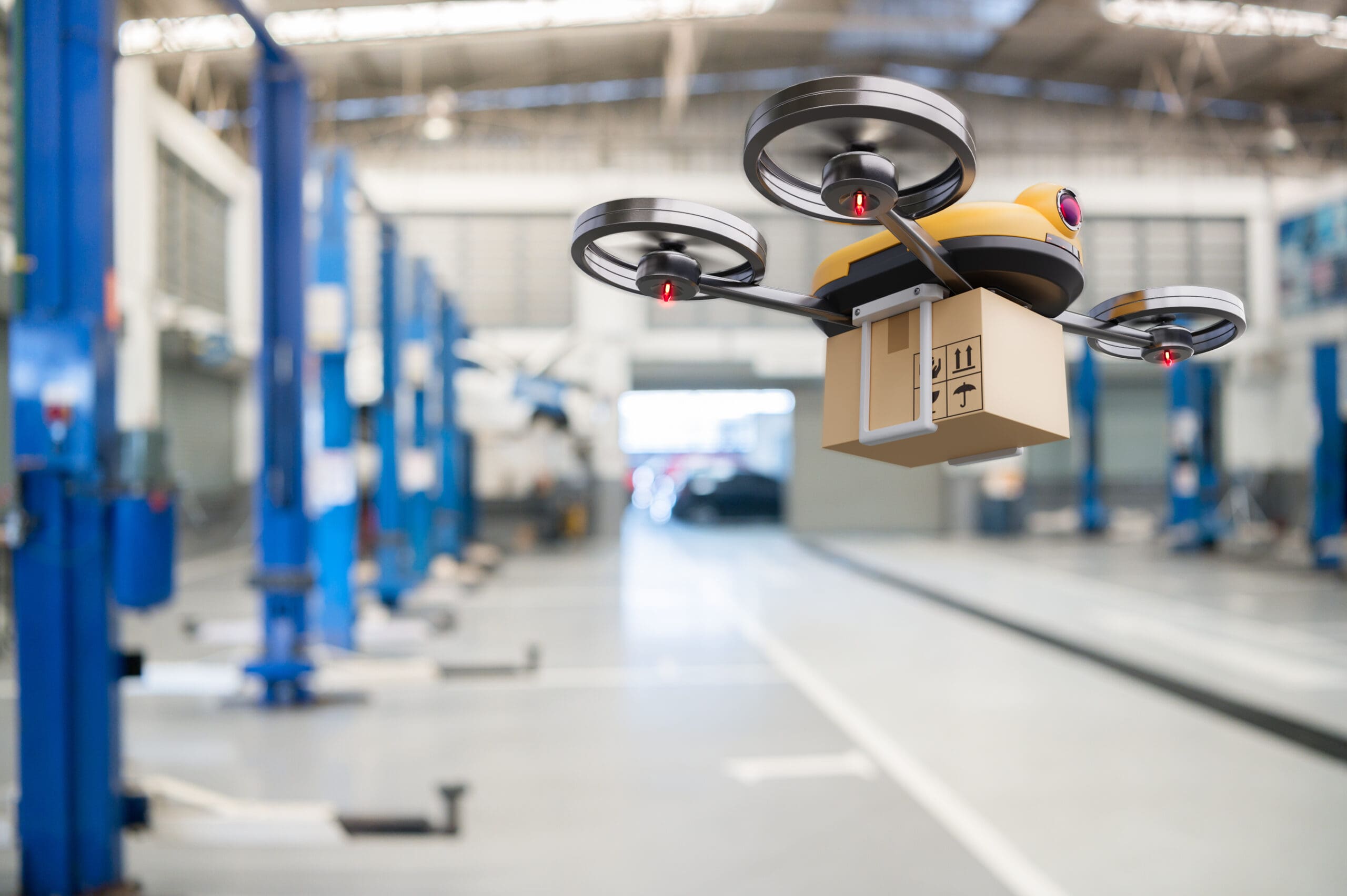 Spare part delivery drone at garage storage in leading automotiv